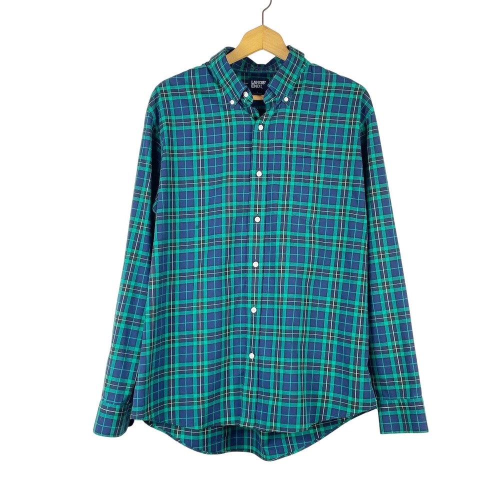 Lands' End Men's Green Blue Tartan Plaid Button Down Long Sleeve Shirt Size L
